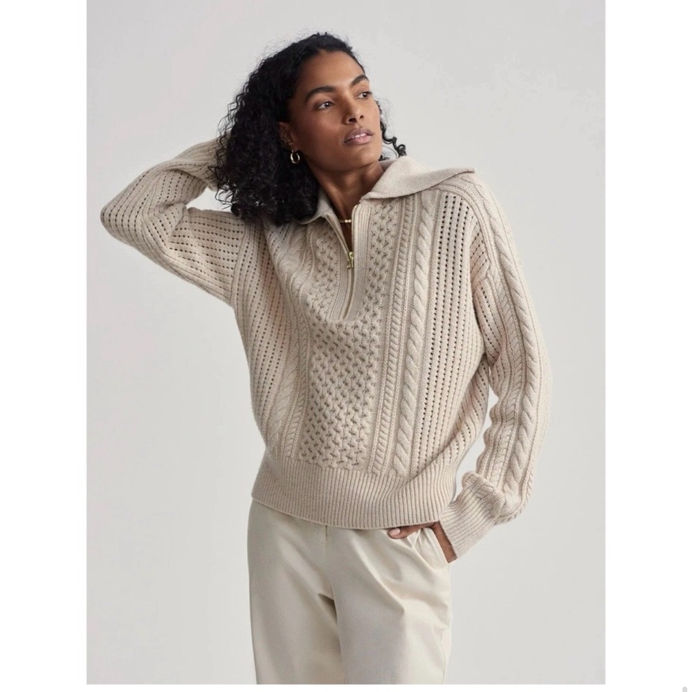 Varley Cream Cable-Knit Half-Zip Turtleneck Sweater
